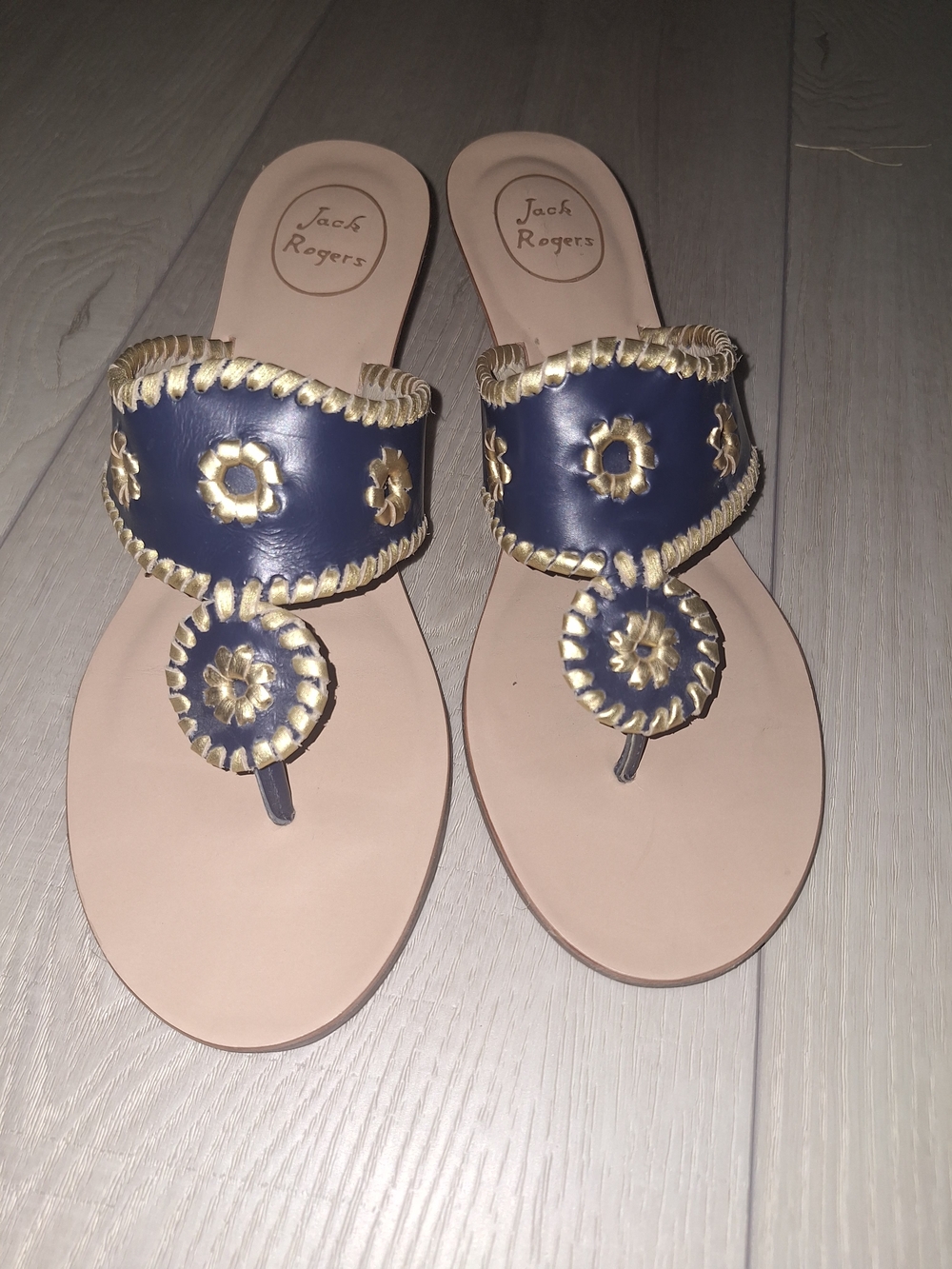 Jack Rogers Navy and Gold Leather Thong Sandals
